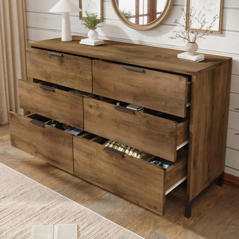 Dark Oak Sideboard with 6 Drawers and Industrial Metal Frame, Industrial Rustic Cabinet with Adjustable Feet, 120L x 40W x 76H cm, Dark Oak