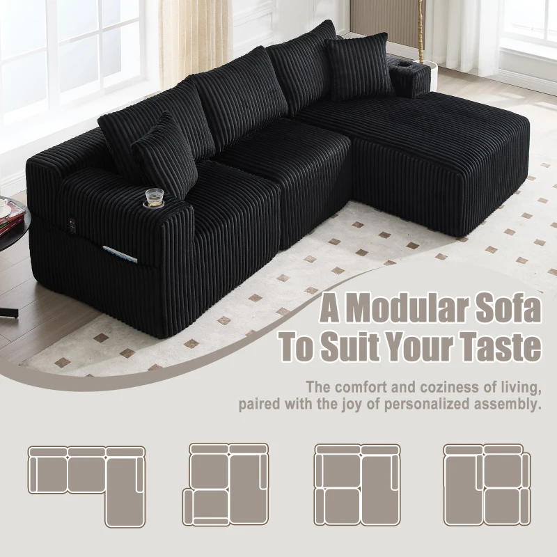 Modular L-Shaped Sectional Sofa with Deep Seat, Plush Corduroy Boneless Couch for Living Room, 257L x 160W x 80H cm, Black