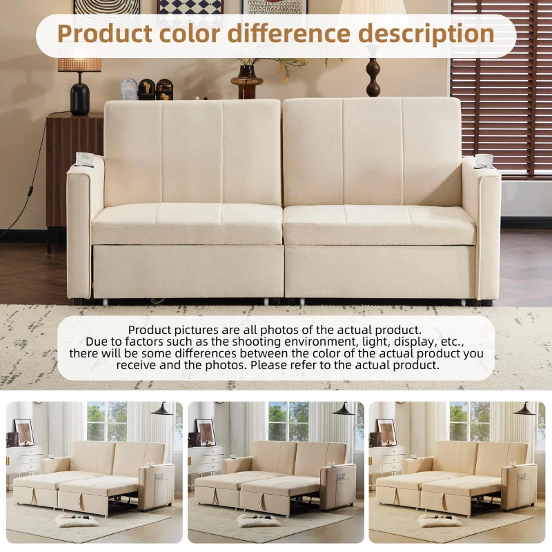 King-Size Pull-Out Sofa Bed with 3-in-1 Convertible 2-Seater, Independent Convertible Couch with Iron and Solid Wood Frame, 207L x 87W x 96H cm, Beige