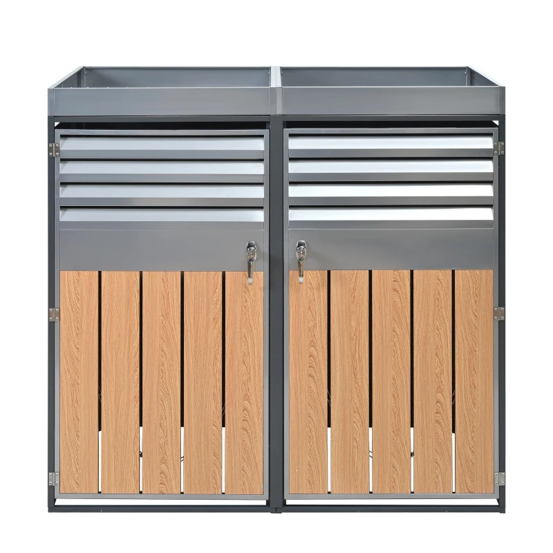 Bin Storage Unit with Built-In Planter and Louvred Ventilation, Double Bin Storage Shed with Galvanised Steel Frame, 132L x 80W x 124.5H cm, Grey+Wood