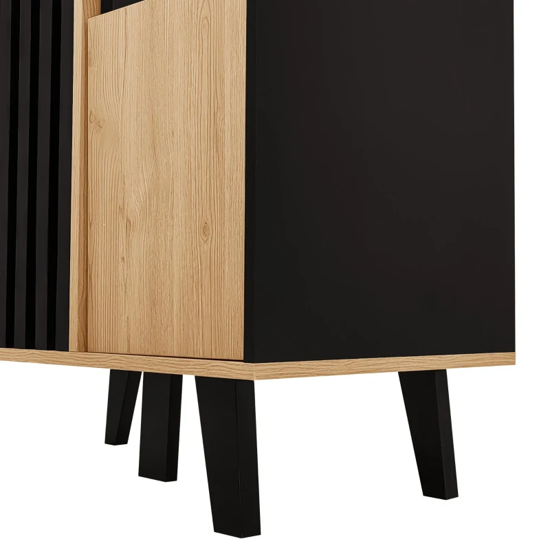 Display Cabinet with LED Lighting and Decorative Glass Doors, Versatile Sideboard with 3 Adjustable Shelves, 80L x 120W x 40H cm, Black+Wood