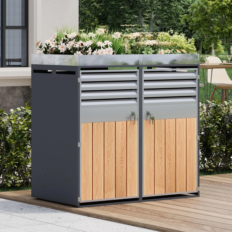 Bin Storage Unit with Built-In Planter and Louvred Ventilation, Double Bin Storage Shed with Galvanised Steel Frame, 132L x 80W x 124.5H cm, Grey+Wood