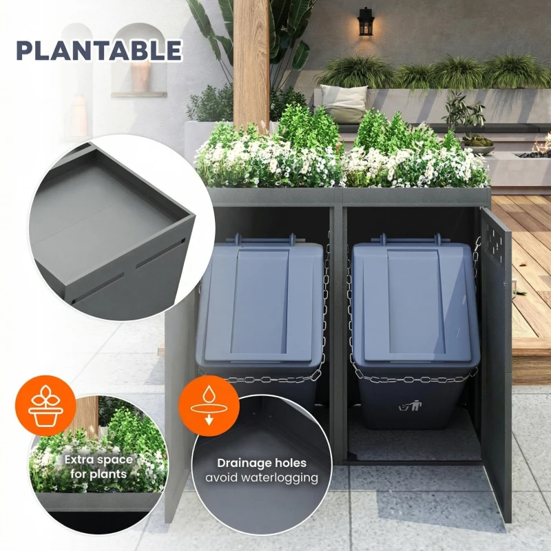 Double Wheelie Bin Storage Box with Planting Top and Tipping Chains, Galvanised Steel Lockable Bin Store with Ventilation Slots, 132L x 80W x 125H cm, Grey
