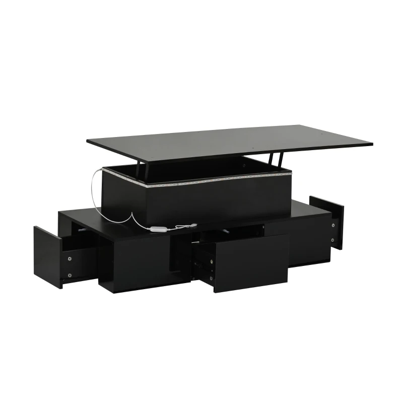 Lift-Top Coffee Table with 4 Drawers and Hidden Storage, Multi-Functional Center Table with Open Shelf and USB Port, 100L x 50W x 40H cm, Black