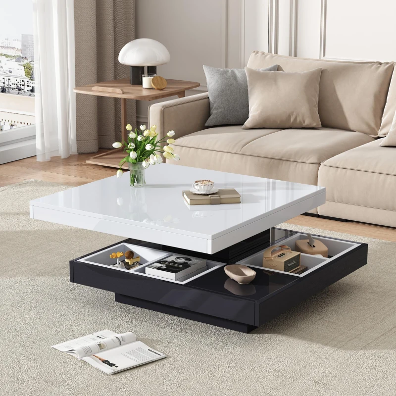 Contemporary Coffee Table with Large-Capacity Lower Shelf, 2-Tone Center Table with Recessed Compartments, 70L x 70W x 36H cm, Black