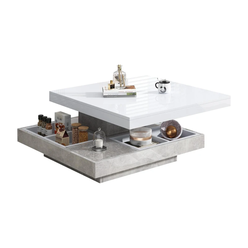 360° Rotating Square Coffee Table with Concealed Storage Compartments, White Center Table with Durable Construction, 70L x 70W x 36H cm, White
