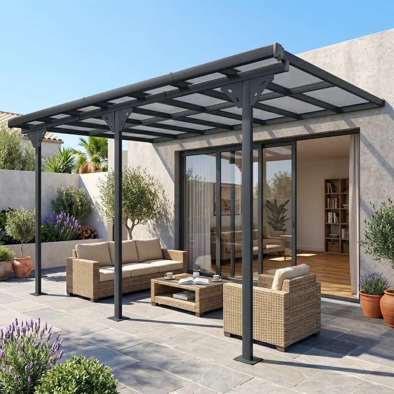 Outsunny Pergola adossée aluminium 4,5 x 3 m avec toit en polycarbonate résistant UV, gouttière intégrée, tonnelle de jardin pour terrasse patio véranda, gris