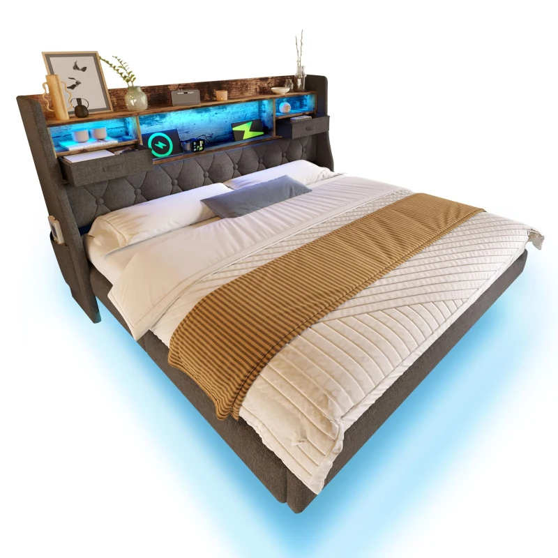 Upholstered Double Floating Bed with LED Mood Lighting, Low-Profile Floating Bed Frame with Storage Headboard, 202L x 142W x 114H cm, Grey