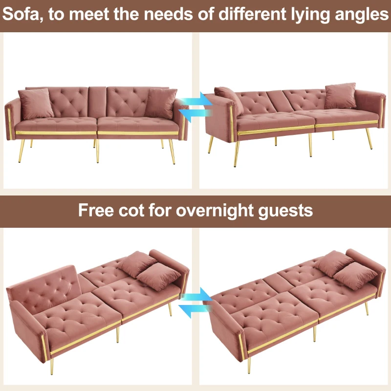 Two-Seater Convertible Sofa Bed with 3-Level Adjustable Backrest, Space-Saving Sleeper Sofa with High-Density Foam, 174L x 76W x 71.5H cm, Pink