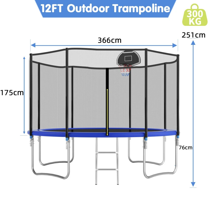 Outdoor Trampoline with Basketball Hoop and Safety Net, Heavy Duty Rebounder with Weatherproof Steel Frame, 366L x 366W x 76H cm, Blue
