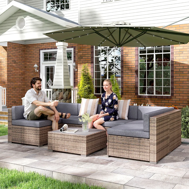 Outsunny Salotto da Giardino in Rattan da 7 Pezzi con Tavolino e Divano Modulabile con Cuscini, Grigio