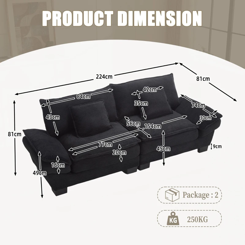 Oversized Two-Seater Sofa with Modern Deep-Seated Modular Design, Comfortable Daybed with Ergonomic Curves, 224L x 81W x 81H cm, Black