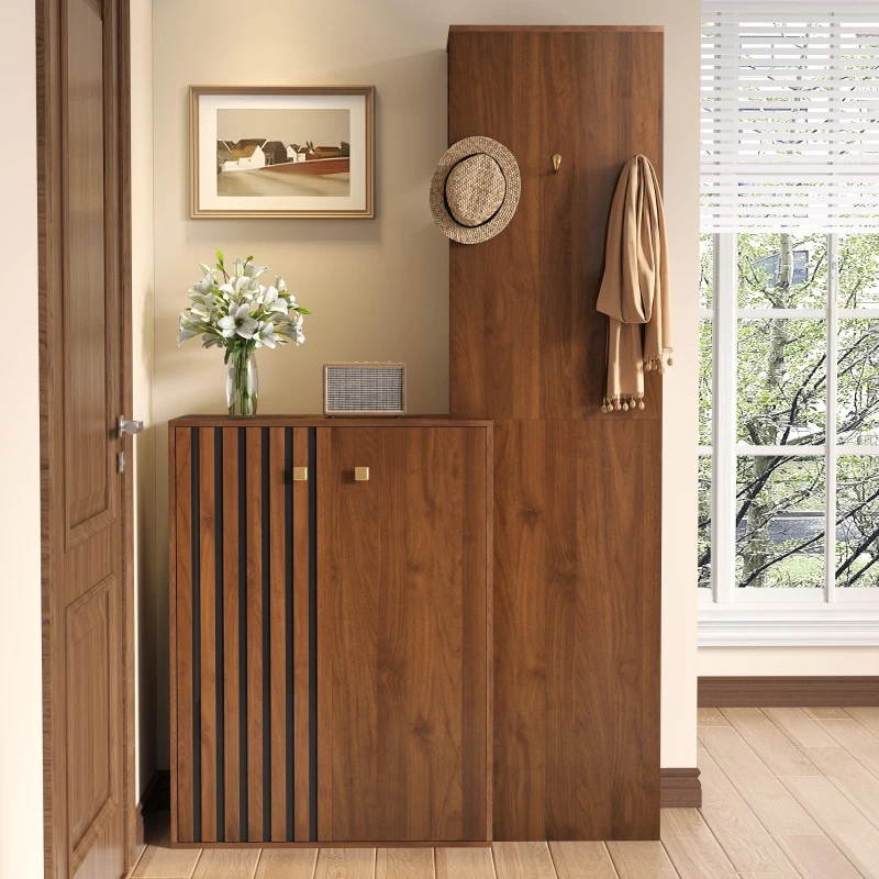 Móvel de entrada compacto com sapateira, varão para cabides, ganchos e prateleiras ajustáveis, 115x38,5x191,5 cm, Cor natural