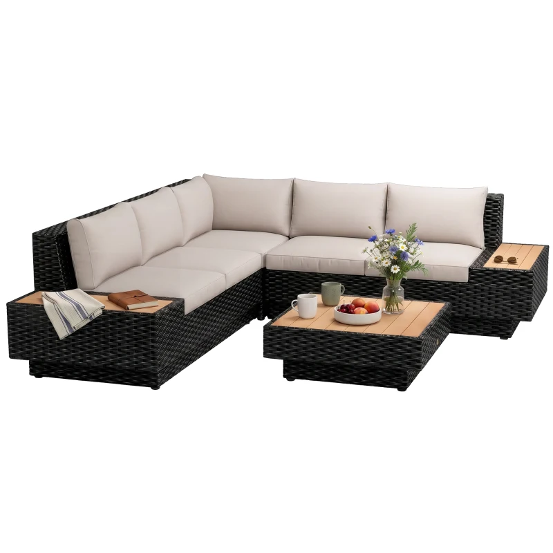 Outsunny 4 PCs Rattan Garden Furniture - Outdoor Sectional Corner Sofa and Coffee Table Set, Conservatory Wicker Weave Furniture with Armrest and Cushions, Black