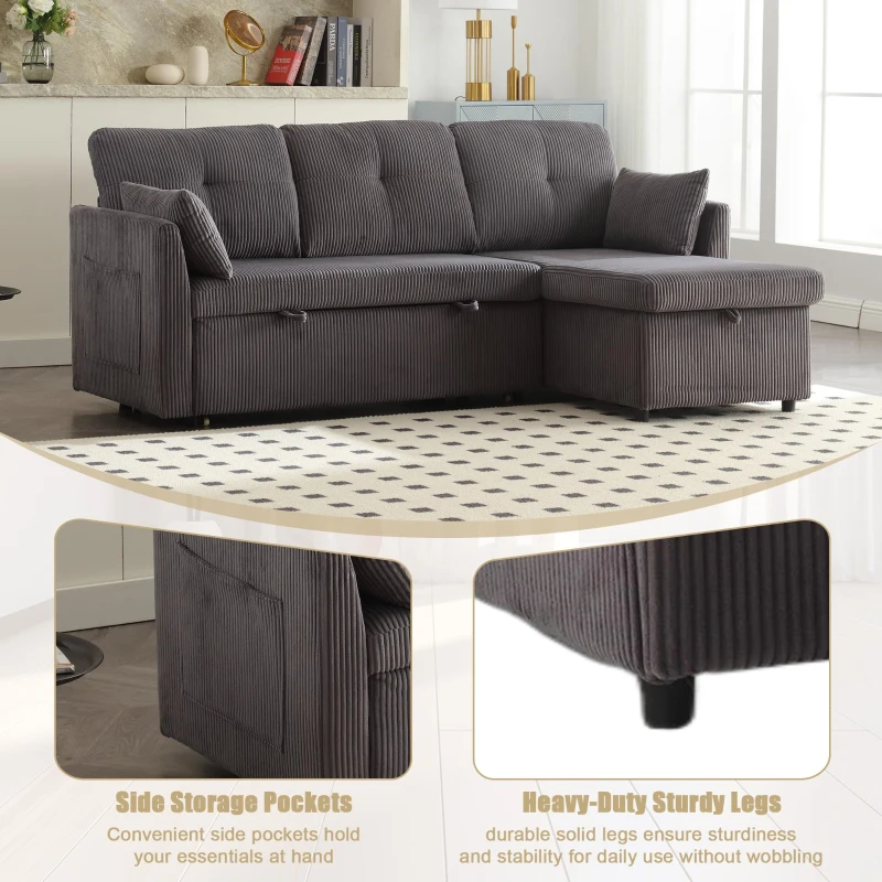 Stylish Sectional Sleeper Sofa with Reversible Storage Chaise, 3-In-1 L-Shaped Sofa with Corduroy Upholstery, 206L x 130W x 88H cm, Charcoal Grey