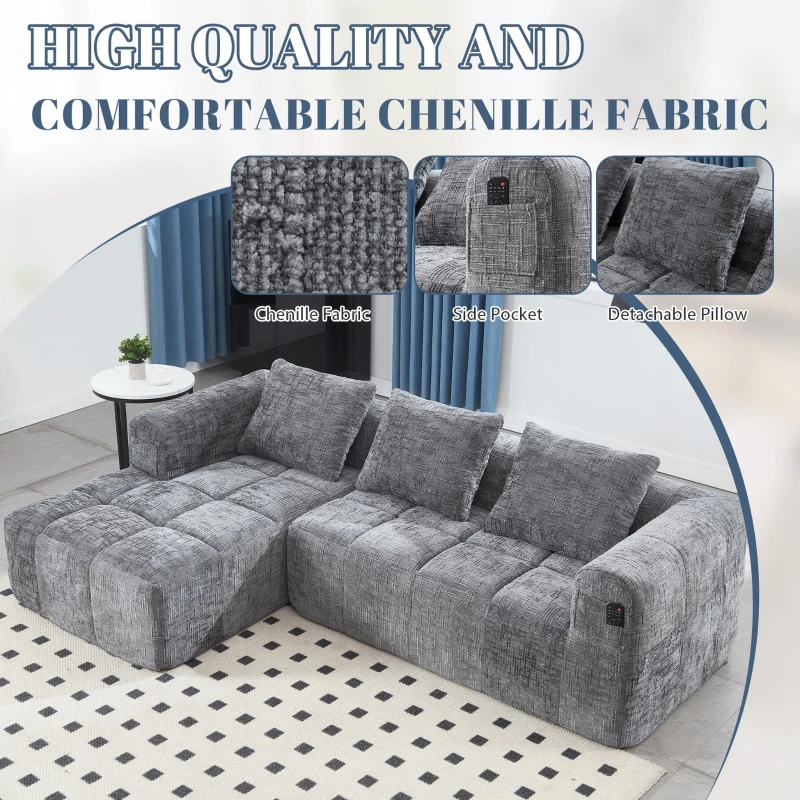 Oversized Modular L-Shaped Sofa with Deep-Seated Sleeper Design, Plush Sectional Sofa with Hidden Side Pockets, 250L x 158W x 60H cm, Grayi