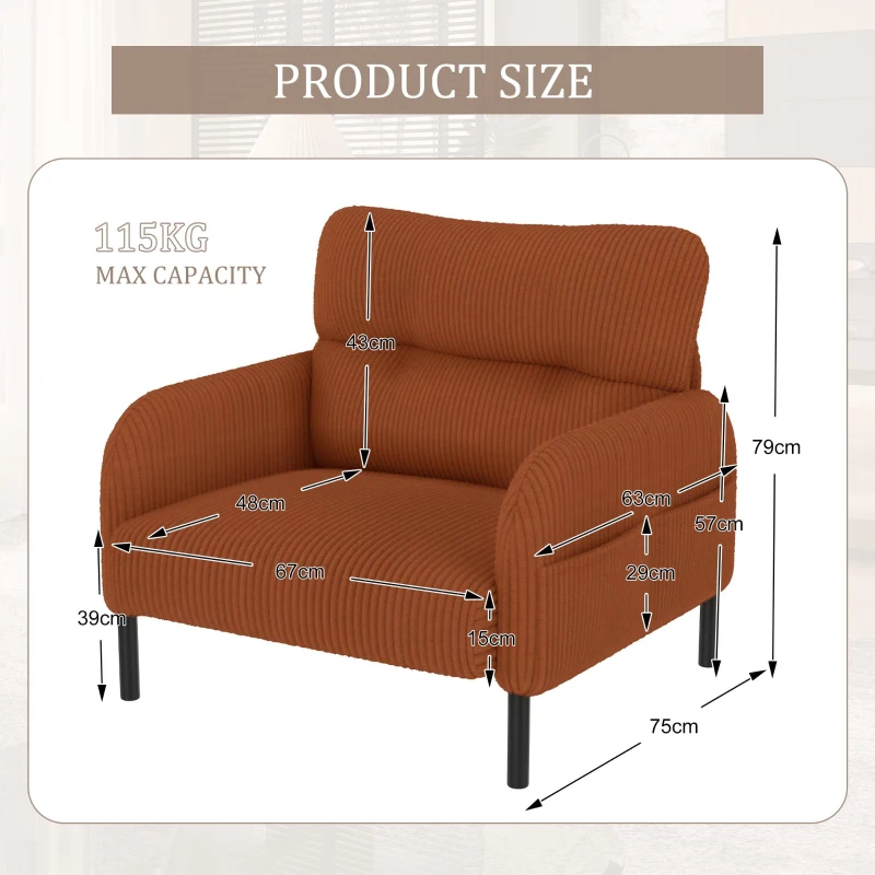 Corduroy Single-Seater Armchair with High-Density Foam Cushion, Ergonomic Wide Seat with Double Side Storage Pockets, 67L x 75W x 79H cm, Orange