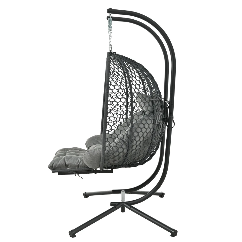 Cadeira suspensa em forma de ovo com suporte, cadeira de baloiço com apoio de pés regulável, cadeira suspensa de jardim com almofada de assento & almofado, 140x94x197 cm, Cinzento
