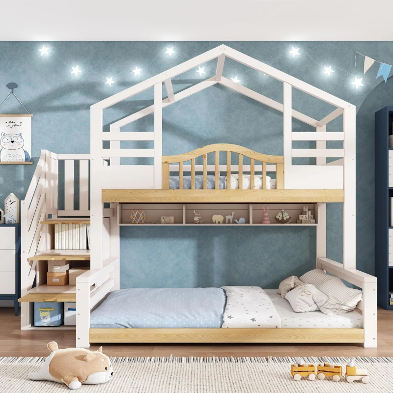 House-Shaped Bunk Bed with Staircase Storage, Space-Saving Kids Bed with Integrated Shelves, 244L x 140W x 206H cm, White+Natural