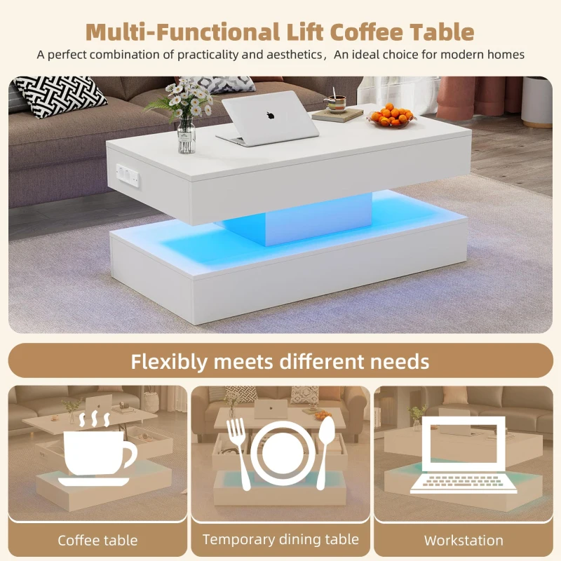 Modern Coffee Table with Bluetooth-Controlled LED Lighting, Lift-Up Center Table with Hidden Storage and Hydraulic Lift, 100L x 50W x 42H cm, White
