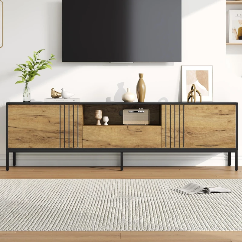 Low-Profile Nordic TV Cabinet with 2 cabinets and Open Shelves, Stylish TV Stand with Chipboard Construction, 170L x 35W x 50H cm, Natural