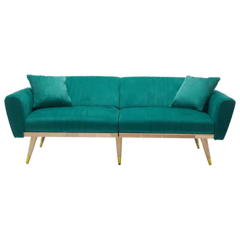 Convertible Futon Sofa Bed with 3-Position Adjustable Backrest, Modern Fleece Loveseat with Solid Wood Legs, 197.5L x 86W x 60H cm, Green