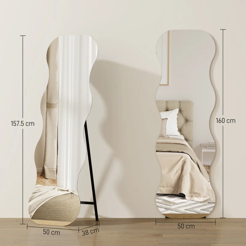 HOMCOM Espejo de Pie Cuerpo Entero sin Marco Espejo de Pie Forma Ondulada con Soporte y Base de Madera 50x2,7x160 cm Negro