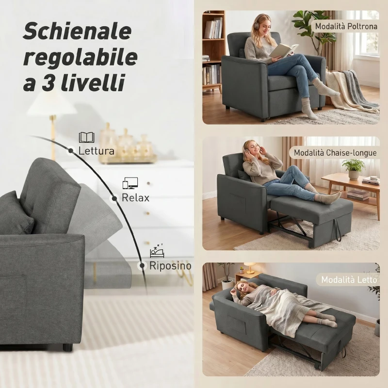 HOMCOM Poltrona Letto Singolo 3 in 1 in Tessuto Effetto Lino con Schienale Reclinabile, Cuscino e Tasche, Grigio