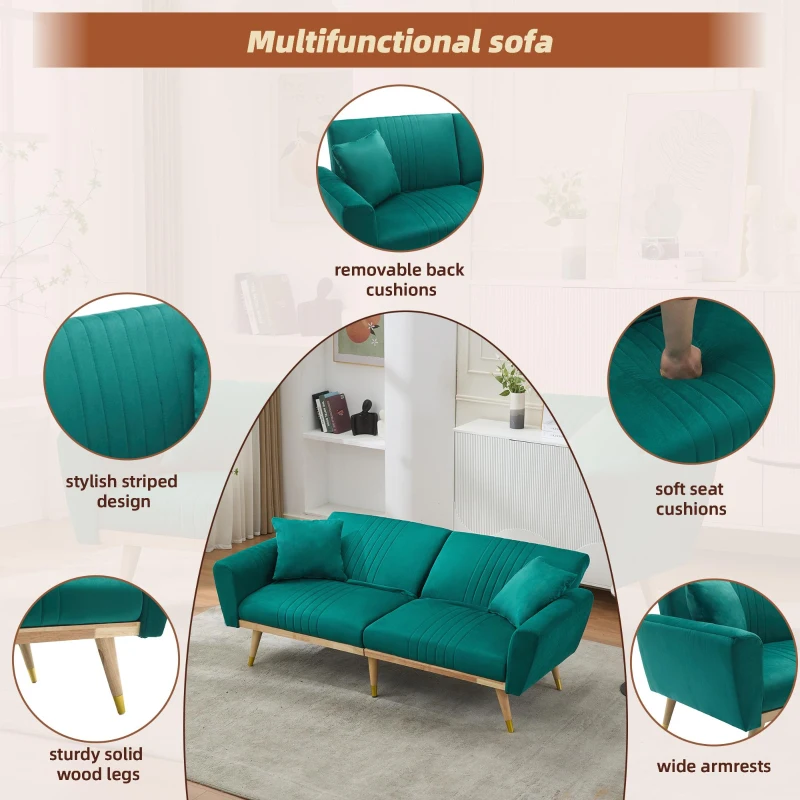 Convertible Futon Sofa Bed with 3-Position Adjustable Backrest, Modern Fleece Loveseat with Solid Wood Legs, 197.5L x 86W x 60H cm, Green