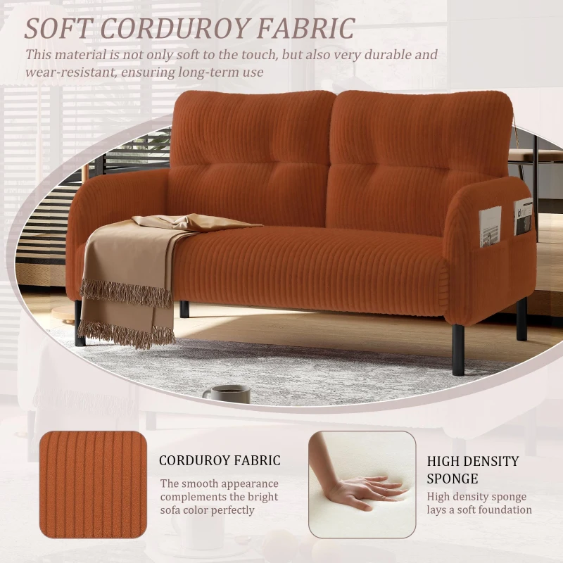 Modern Two-Seater Corduroy Sofa with High-Rebound Springs, Comfortable Loveseat with Side Storage Pockets, 120L x 65W x 79H cm, Orange
