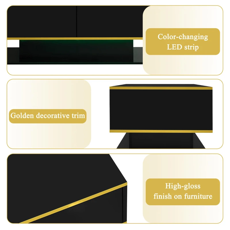 Modern LED Coffee Table with USB-Powered Colour-Changing Light Strip, Functional Center Table with 3 Drawers, 100L x 50W x 40H cm, Black