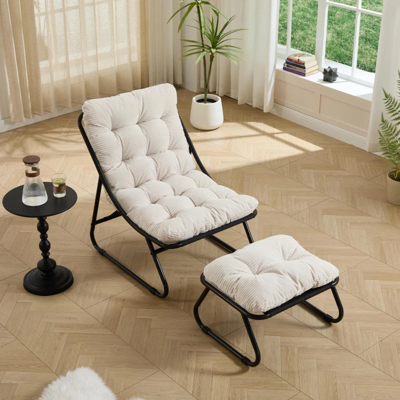 Poltrona lounge de exterior com puff, almofada acolchoada, tecido sling, estrutura em aço, Branco