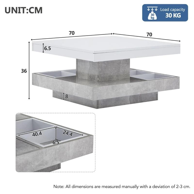 360° Rotating Square Coffee Table with Concealed Storage Compartments, White Center Table with Durable Construction, 70L x 70W x 36H cm, White