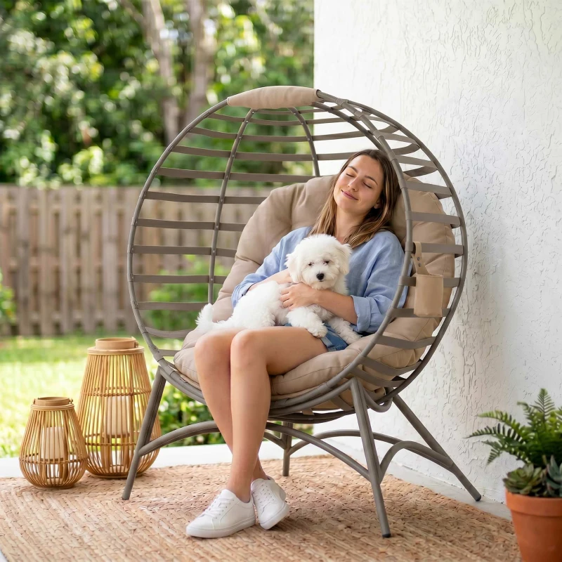 Outsunny Egg Chair with Soft Cushion, Steel Frame and Side Pocket, Garden Patio Basket Chair for Indoor, Outdoor, Brown