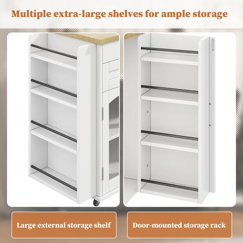 Mobile Kitchen Island Trolley with Lockable 360° Wheels, Glass-Door Storage Cabinet with Adjustable Shelves, 138L x 70W x 90H cm, White