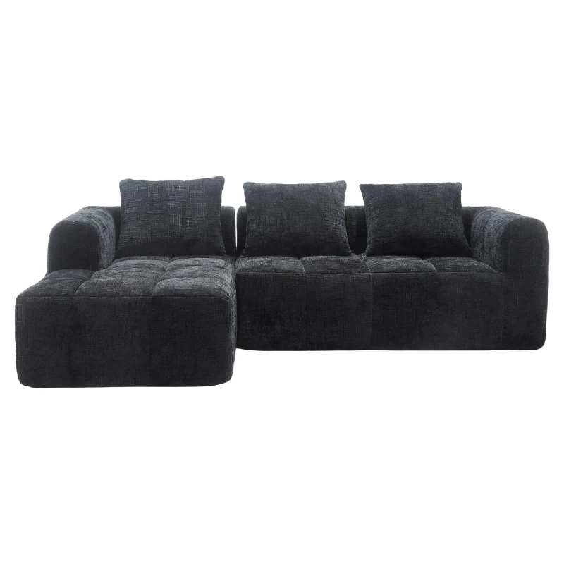 Oversized Modular L-Shaped Sofa with Deep-Seated Sleeper Design, Plush Sectional Sofa with Hidden Side Pockets, 250L x 158W x 60H cm, Black