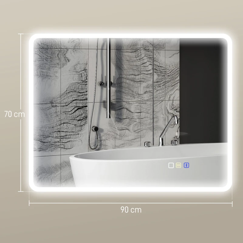 HOMCOM Oglindă de baie LED bluetooth 70 x 90 cm interruptor tactil lumină reglabilă 3 culori anti-abur memorie argintiu