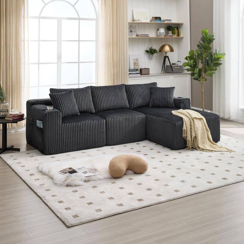 Modular L-Shaped Sectional Sofa with Deep Seat, Plush Corduroy Boneless Couch for Living Room, 257L x 160W x 80H cm, Gray