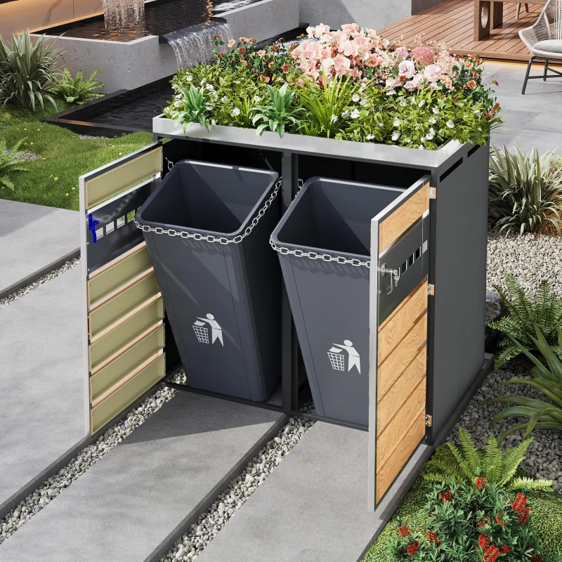 Lockable Outdoor Bin Storage Cabinet with Integrated Planter, Double Bin Storage Shed with Galvanised Steel Frame, 132L x 80W x 124.5H cm, Grey+Wood
