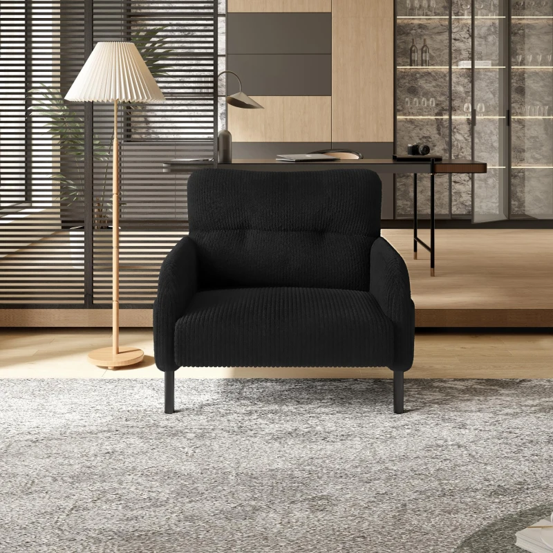 Corduroy Single-Seater Armchair with High-Density Foam Cushion, Ergonomic Wide Seat with Double Side Storage Pockets, 67L x 75W x 79H cm, Black