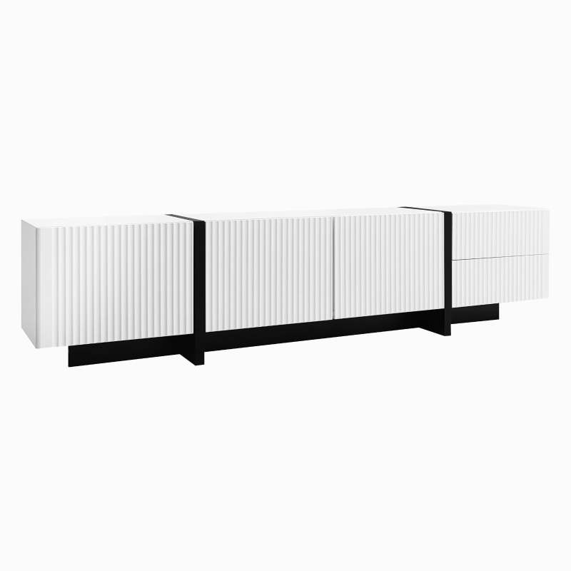 Stylish TV Cabinet with MDF and Particleboard Construction, Soft-Close TV Stand with 3 Doors and 2 Drawers, 190L x 35W x 45H cm, Black+White