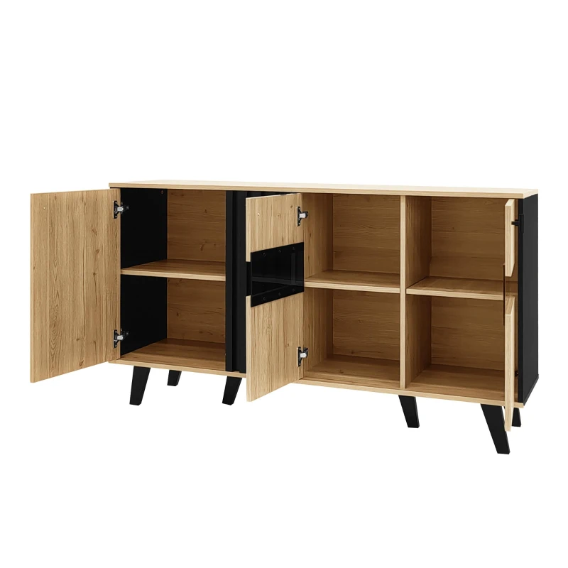 On-Trend Sideboard with Colour-Coordinated Design, Stylish Storage Cabinet with Glass-Front Door, 140L x 41W x 78.5H cm, Black+Wood