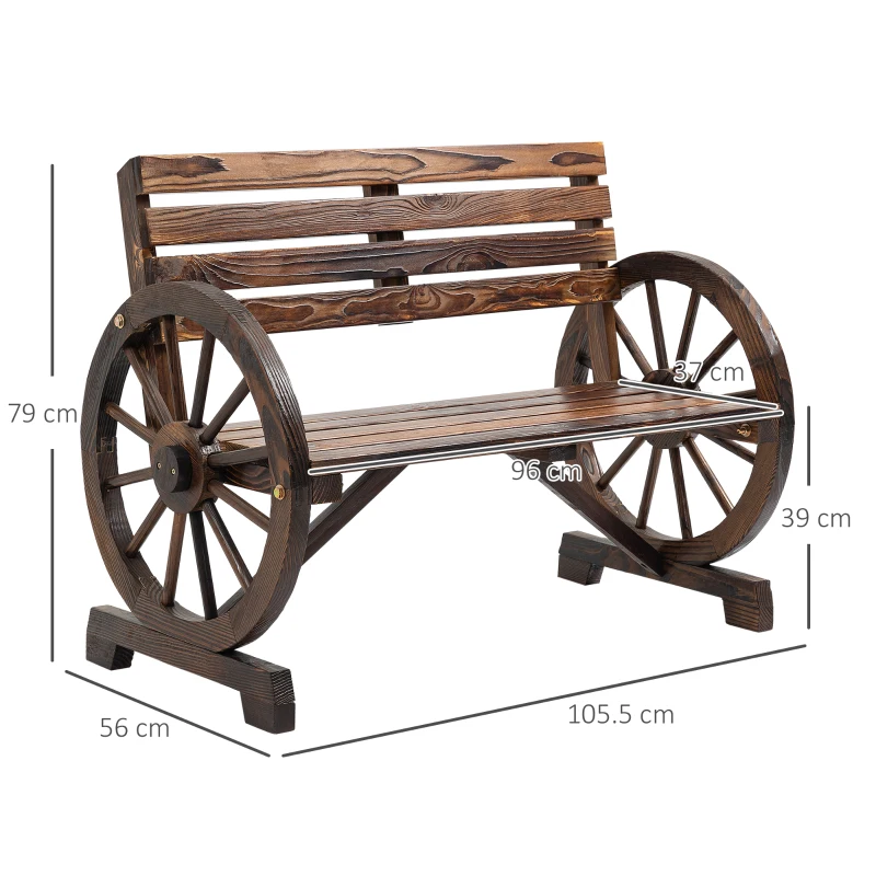 Outsunny Panchina da Giardino 2 Posti a Doghe con Braccioli a Ruota di Carro, in Legno, 105.5x56x79 cm, Marrone Bruciato
