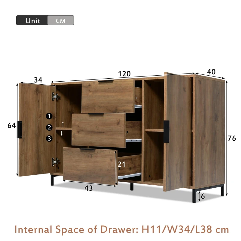 Modern Industrial Sideboard with Metal Frame and Adjustable Feet, Combo Buffet Cabinet with Height-Adjustable Shelf, 120L x 40W x 76H cm, Dark Oak