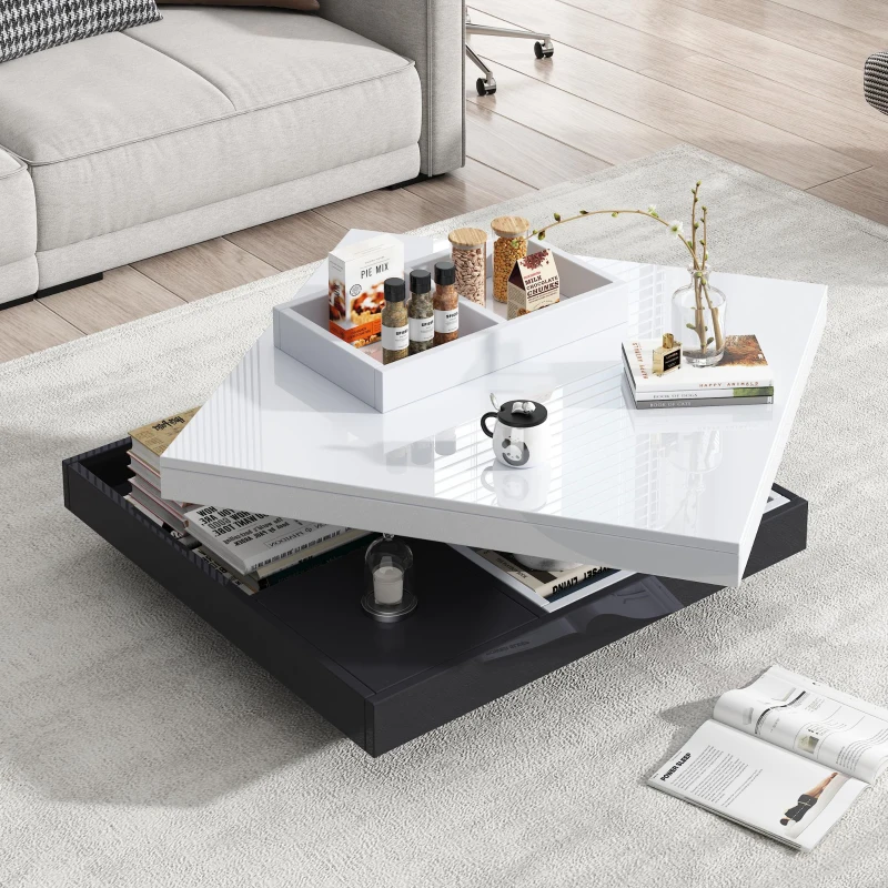 Contemporary Coffee Table with Large-Capacity Lower Shelf, 2-Tone Center Table with Recessed Compartments, 70L x 70W x 36H cm, Black