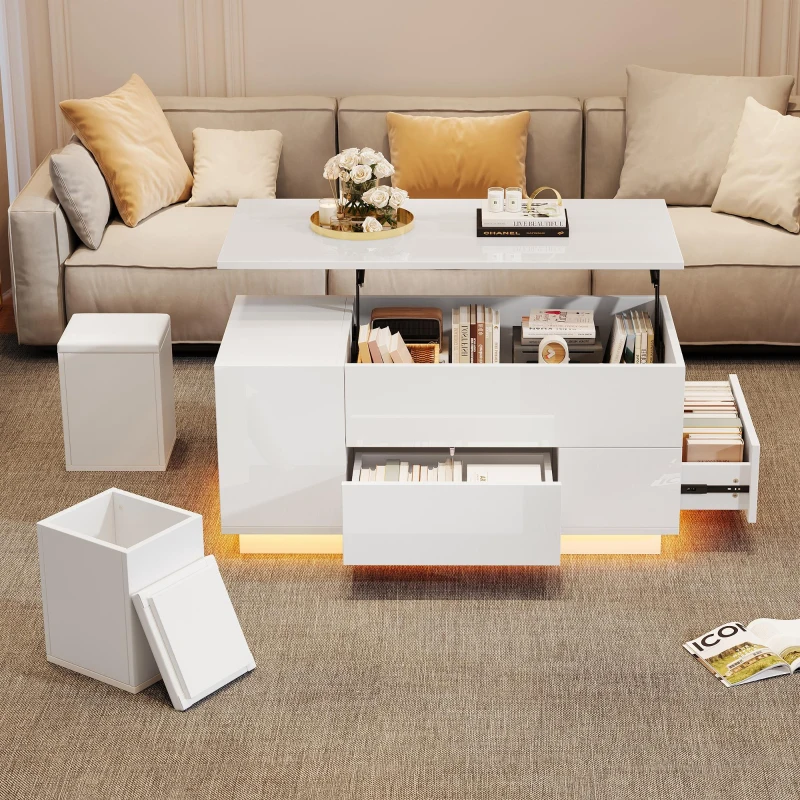 Lift-Top Coffee Table with App-Controlled LED and Soft-Close Drawers, Sleek White Center Table with 2 Storage Ottomans, 100L x 50W x 45H cm, White