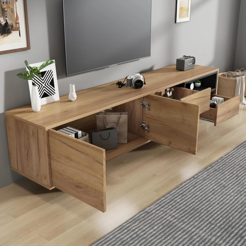 Living Room TV Cabinet with Multi‑Functional Chipboard Storage, Modern TV Stand with 2 Diagonal Drawers, 173L x 38W x 48H cm, Natural Wood