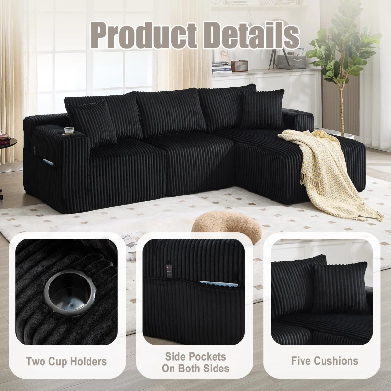 Modular L-Shaped Sectional Sofa with Deep Seat, Plush Corduroy Boneless Couch for Living Room, 257L x 160W x 80H cm, Black