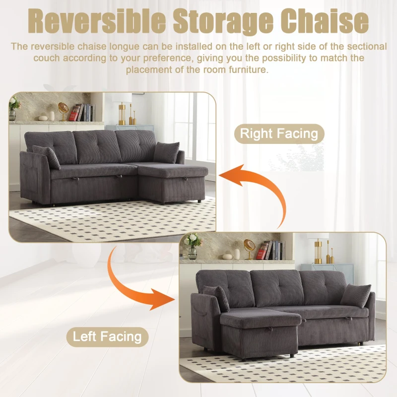 Stylish Sectional Sleeper Sofa with Reversible Storage Chaise, 3-In-1 L-Shaped Sofa with Corduroy Upholstery, 206L x 130W x 88H cm, Charcoal Grey