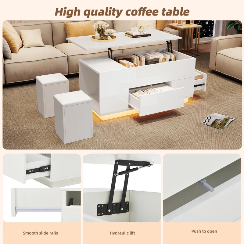 Lift-Top Coffee Table with App-Controlled LED and Soft-Close Drawers, Sleek White Center Table with 2 Storage Ottomans, 100L x 50W x 45H cm, White